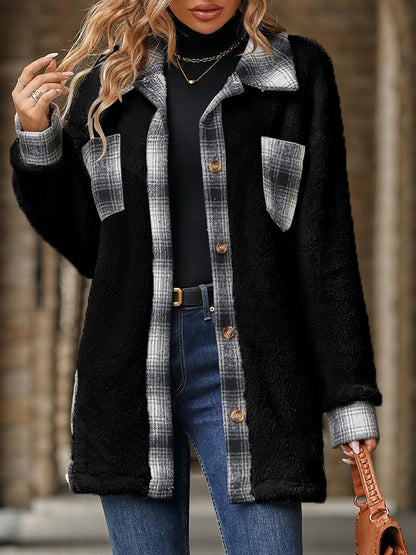 Women's Warm Plush Plaid Patchwork Mid-Length Coat