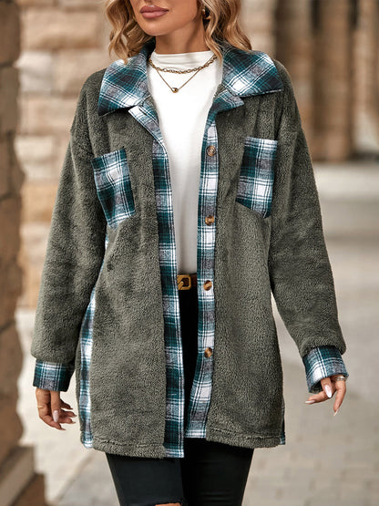 Women's Warm Plush Plaid Patchwork Mid-Length Coat