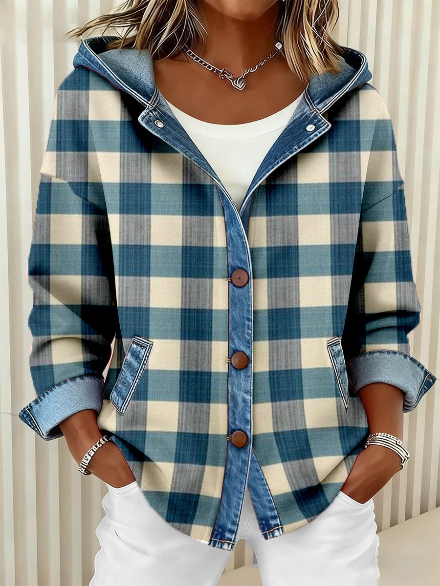 Women's Blue Plaid Pattern Patchwork Art Hooded Cardigan