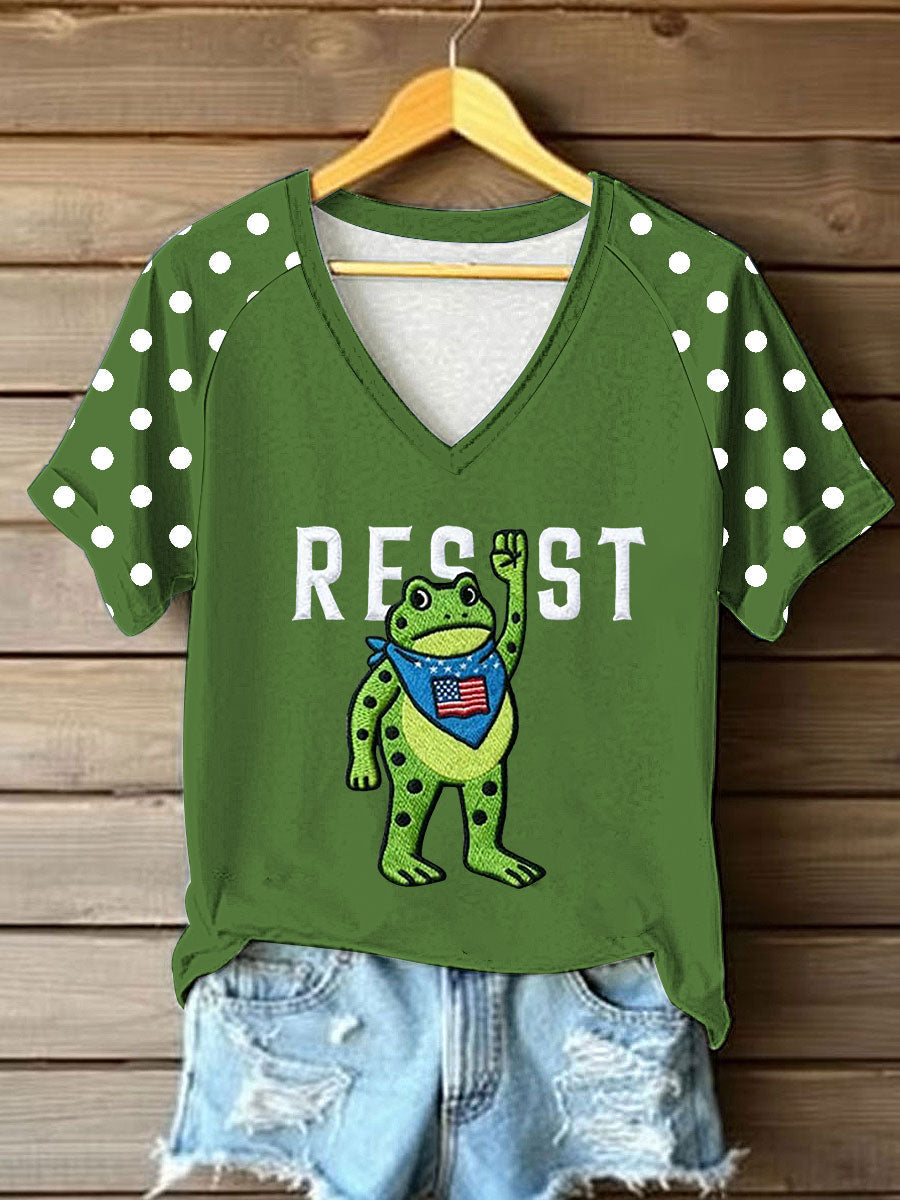 Women's Portland Frog Resist V-neck Off-shoulder Short-sleeved T-shirt