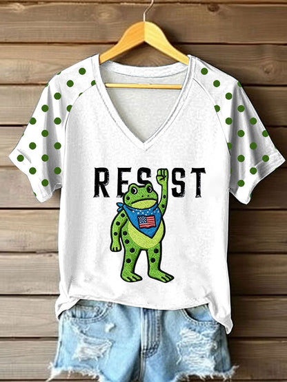 Women's Portland Frog Resist V-neck Off-shoulder Short-sleeved T-shirt