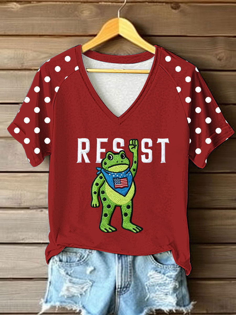 Women's Portland Frog Resist V-neck Off-shoulder Short-sleeved T-shirt