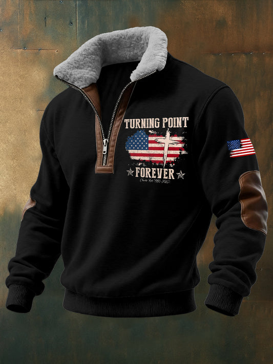 Men's Charlie Kirk Freedom Printed Long Sleeved Stand Up Collar Zipper Lamb Wool Top