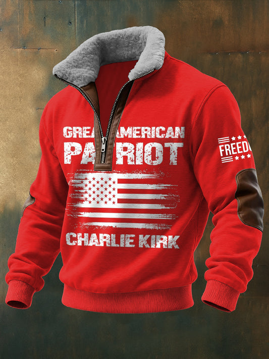 Men's Charlie Kirk Freedom Printed Long Sleeved Stand Up Collar Zipper Lamb Wool Top