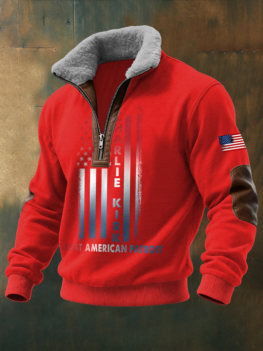 Men's Charlie Kirk Freedom Printed Long Sleeved Stand Up Collar Zipper Lamb Wool Top