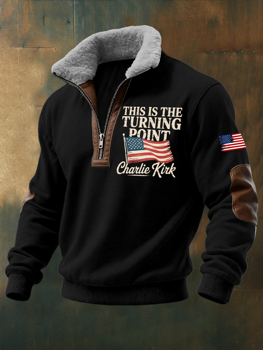 Men's Charlie Kirk Freedom Printed Long Sleeved Stand Up Collar Zipper Lamb Wool Top