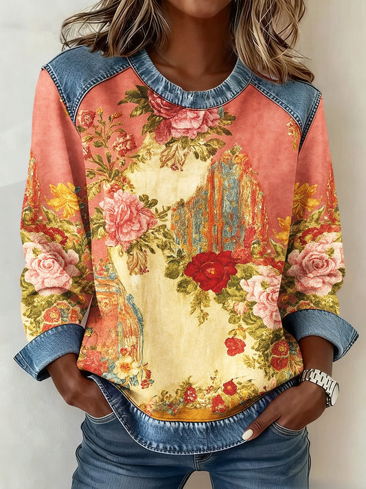 Women's Breast Cancer Awareness Floral 3D Print Denim Sweatshirt