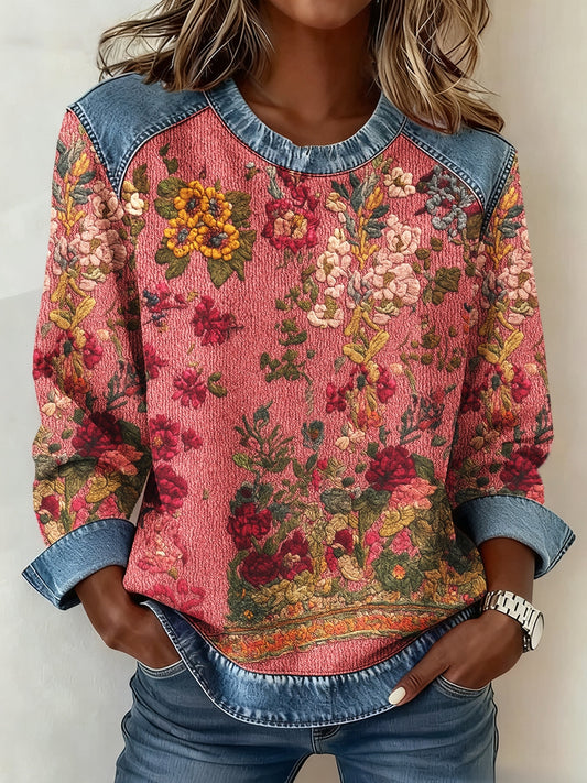 Women's Breast Cancer Awareness Floral 3D Print Denim Sweatshirt