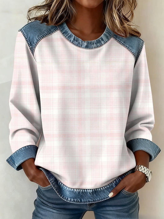 Women's Breast Cancer Pink Inspired Plaid Pattern Patchwork Art Sweatshirt