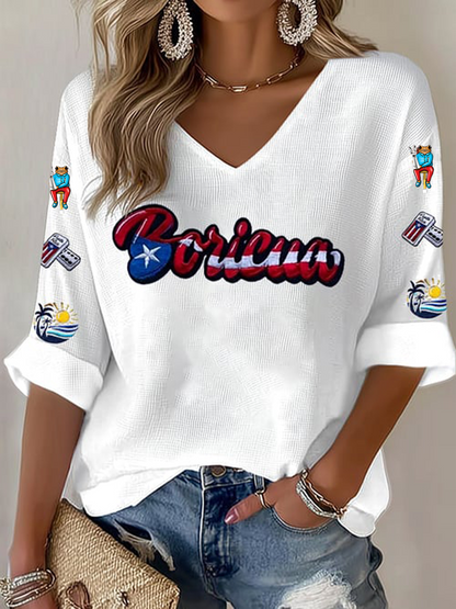 Women's  Puerto Rico Print Casual Waffle T-shirt