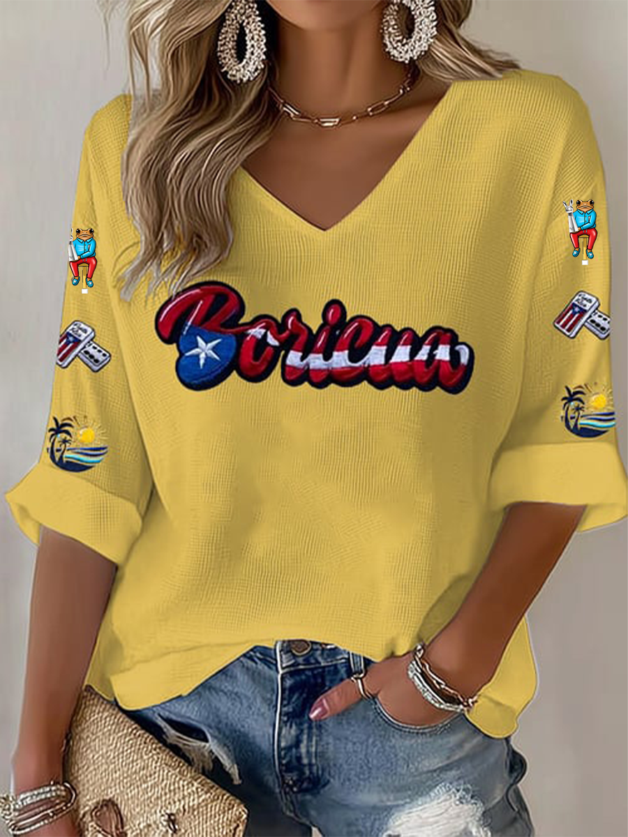 Women's  Puerto Rico Print Casual Waffle T-shirt