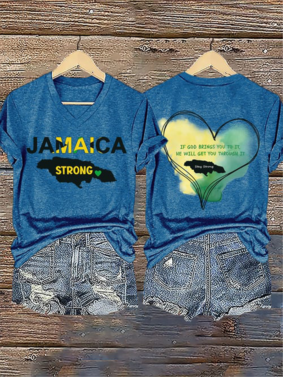 Women's V-Neck Retro Jamaica Strong If God Brings You To It, He Will Get You Through It Stay Strong Print T-Shirt
