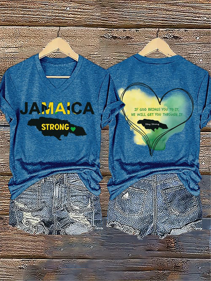 Women's V-Neck Retro Jamaica Strong If God Brings You To It, He Will Get You Through It Stay Strong Print T-Shirt