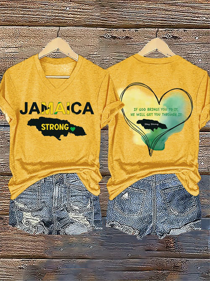 Women's V-Neck Retro Jamaica Strong If God Brings You To It, He Will Get You Through It Stay Strong Print T-Shirt