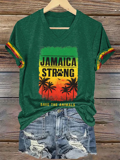 Women's V-Neck Retro Jamaica Strong Save The Animals Reggae Red, Green, And Gold Print T-Shirt