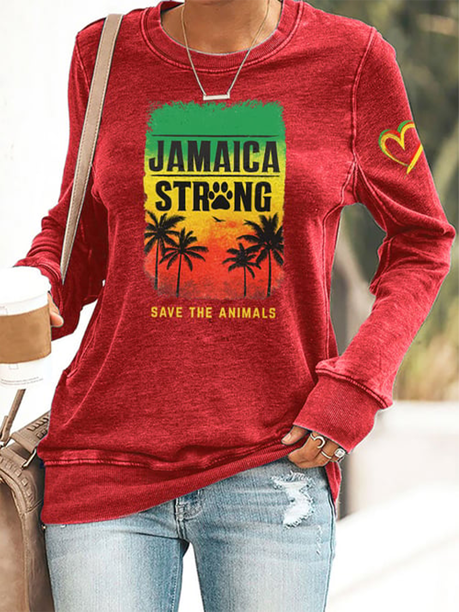 Women's Retro Jamaica Strong Save The Animals Reggae Red, Green, And Gold Print Sweatshirt