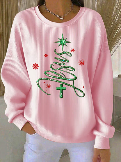 Women's Jesus Chriatmas Tree Ribbed Round-Neck Sweatshirt