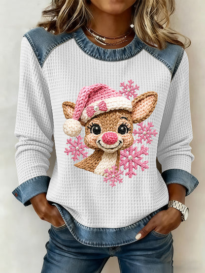 Women's Pink Christmas Reindeer  Art Printed Denim Patchwork Waffle Top