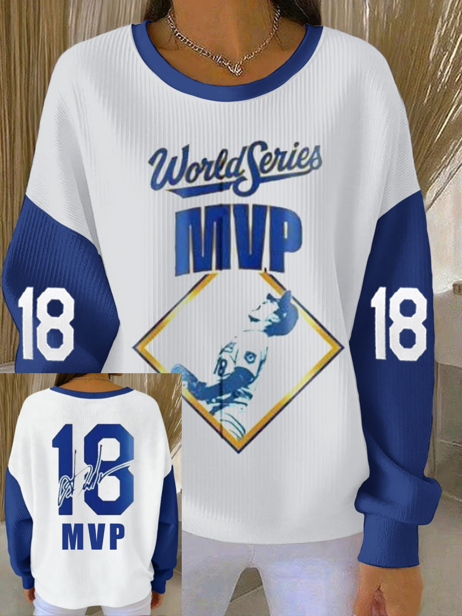 Women's Los Angeles Dodgers Yohji Yamamoto MVP World Series Champion 2025 Reversible Baseball Ribbed Round-Neck Sweatshirt