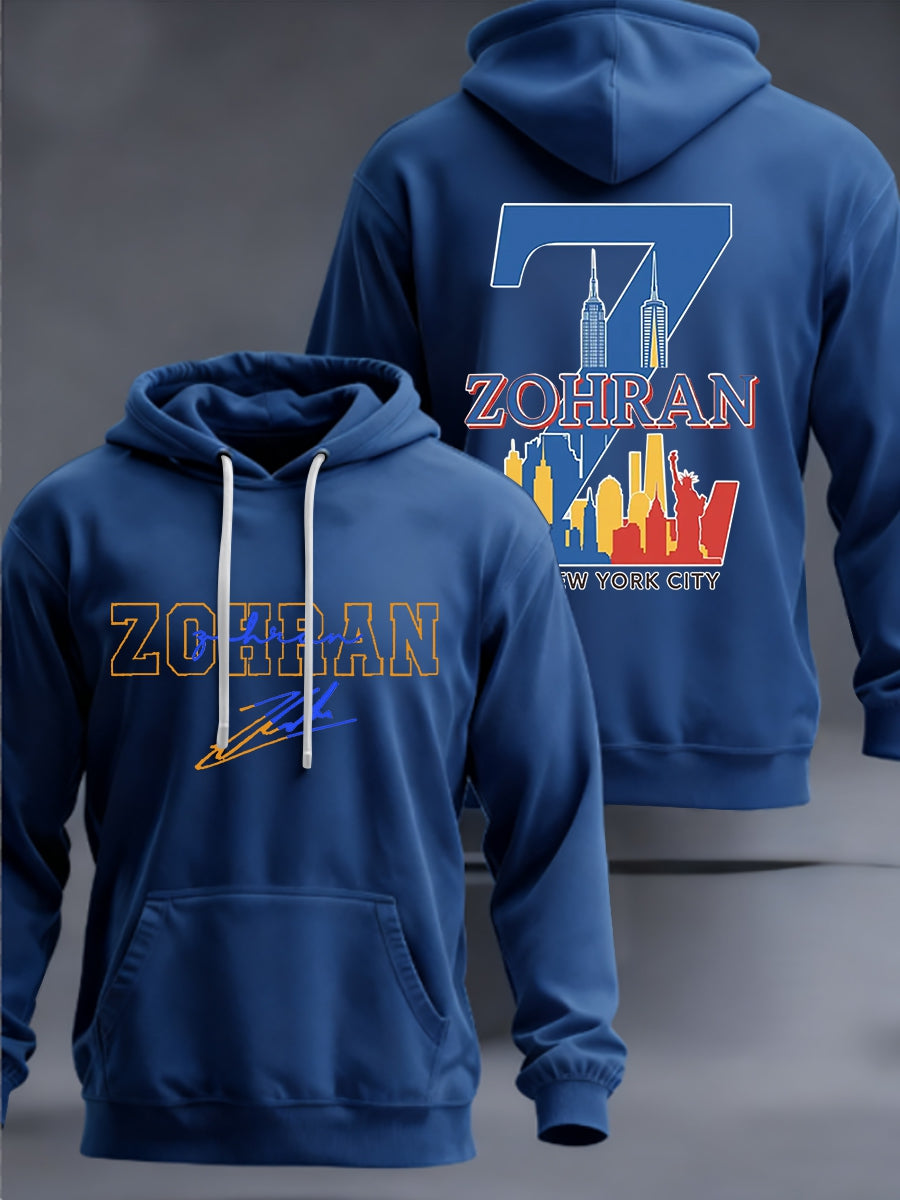 Men's  Zohran Mamdani Build New York with Zohran NYC’s First Muslim Mayor Zohran signature  Velvet Raglan Hooded Sweatshirt