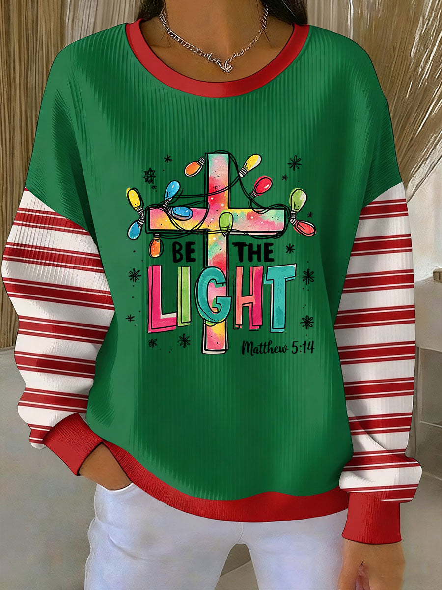 Women's Be The Light Cross Colored Lights Ribbed Round-Neck Sweatshirt