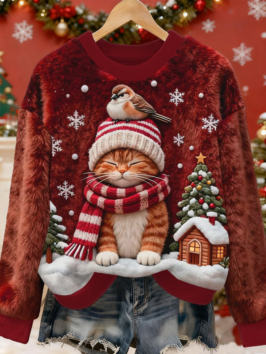 Women's Cute Christmas Cat Art Print Casual Flannel Sweater
