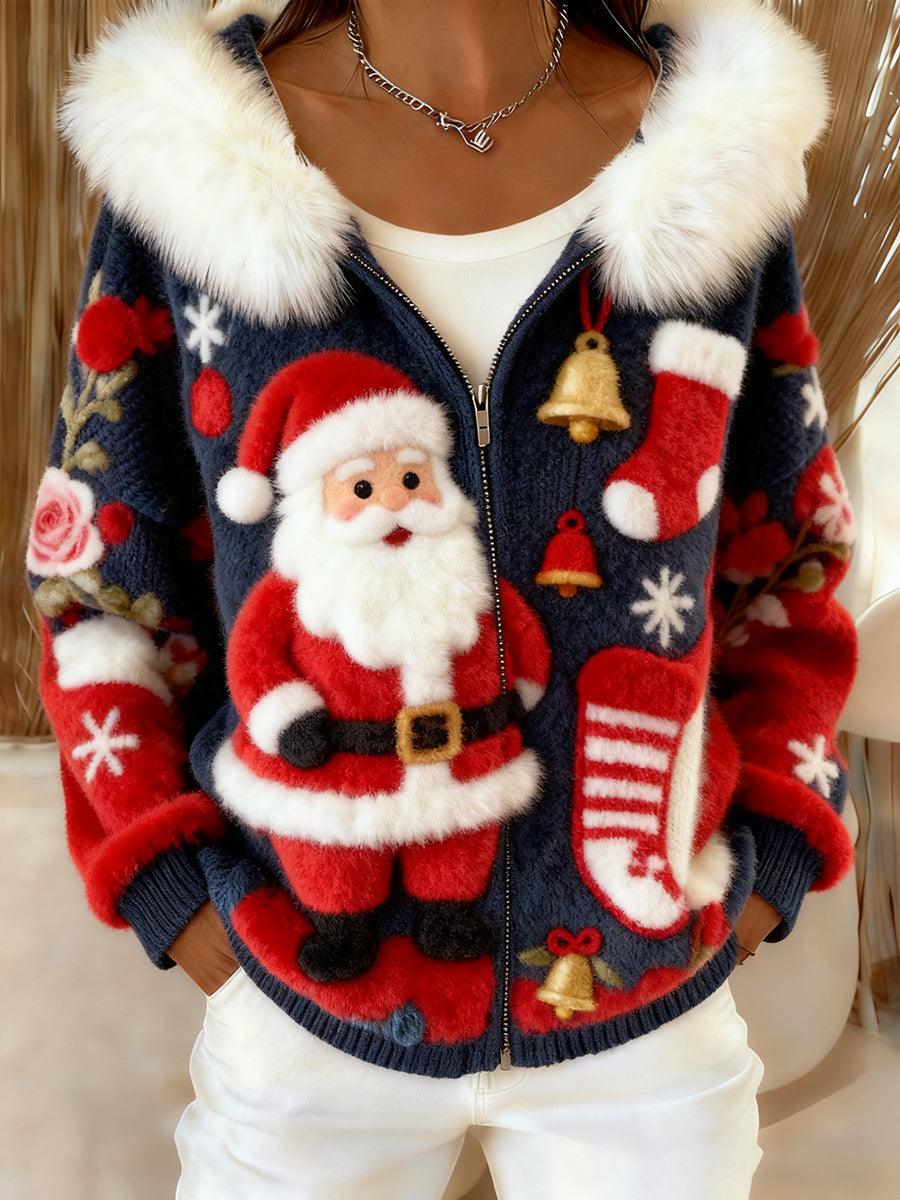 Women's Retro Christmas Art Comfortable Plush Hooded Cardigan