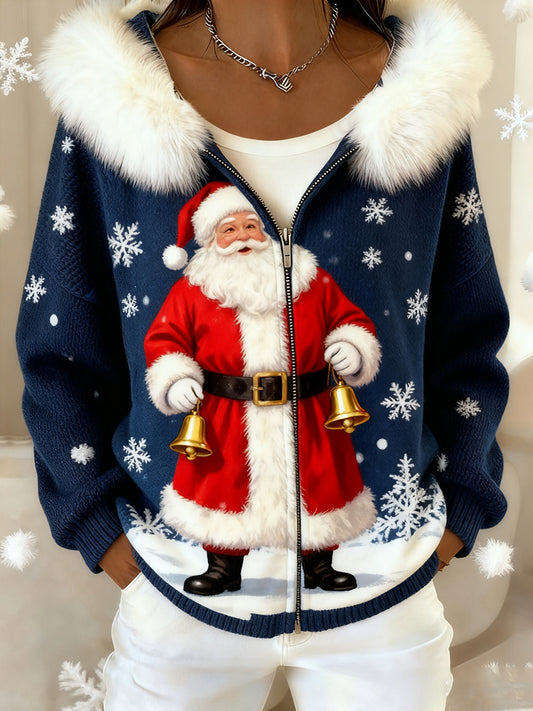 Women's Retro Christmas Art Comfortable Plush Hooded Cardigan