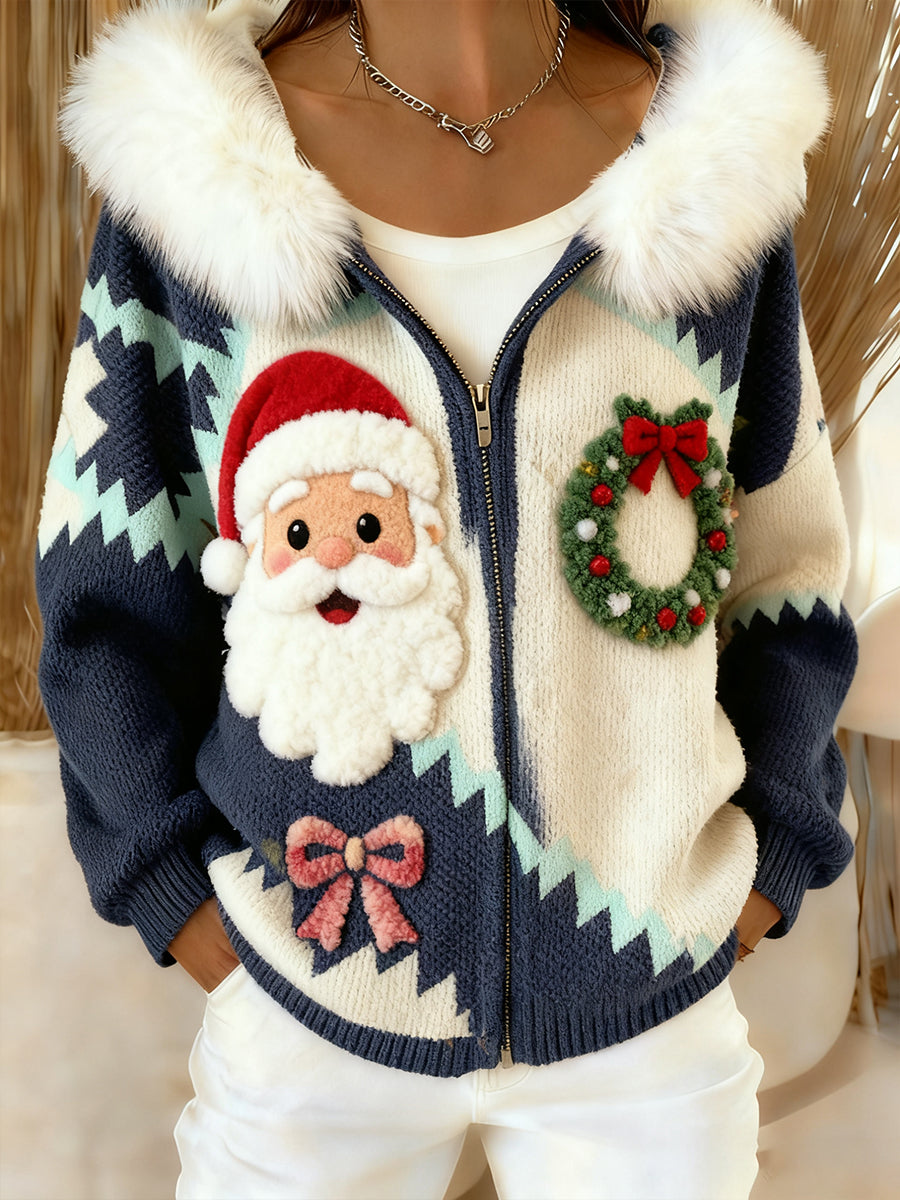 Women's Retro Christmas Art Comfortable Plush Hooded Cardigan