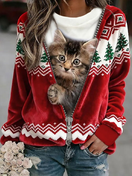 Women's Christmas Cat Flannel Hoodie