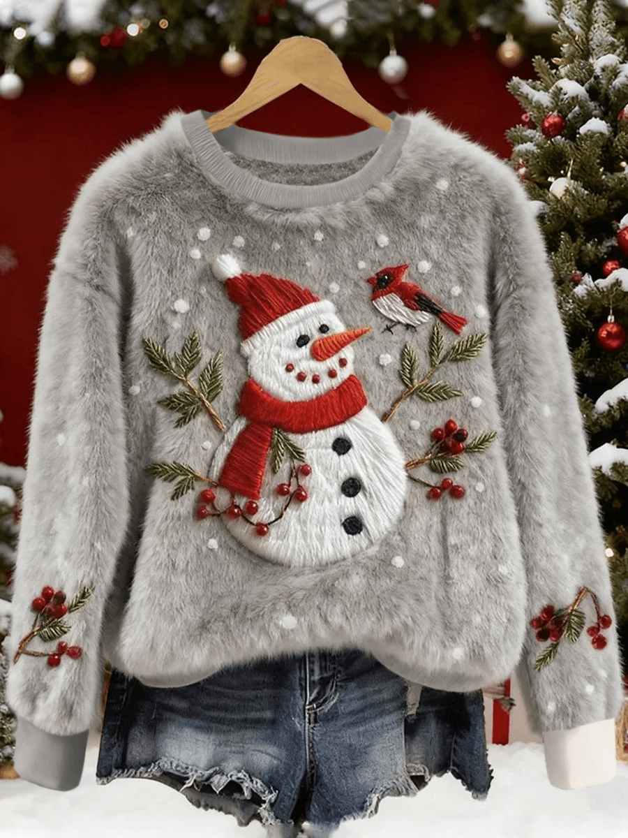 Women's Cute Christmas Snowman and Red Bird Art Print Casual Flannel Sweater