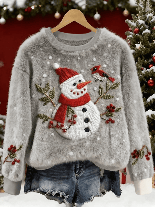 Women's Cute Christmas Snowman and Red Bird Art Print Casual Flannel Sweater