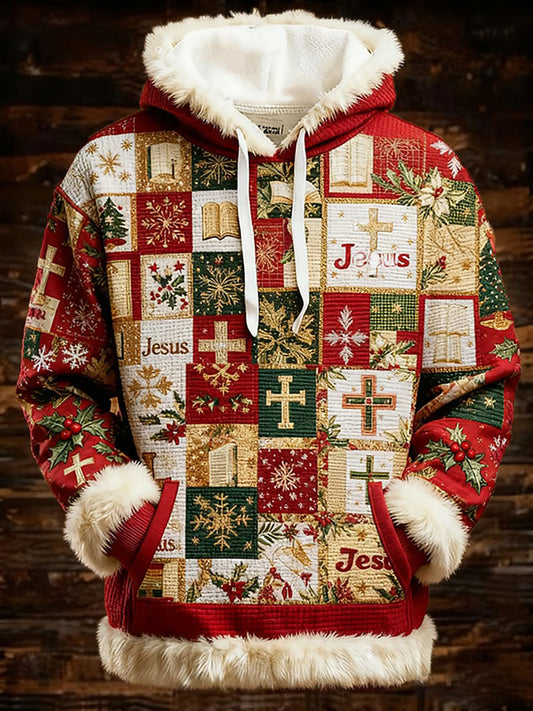 Men's Christmas Cross Print Casual Fur Collar Top