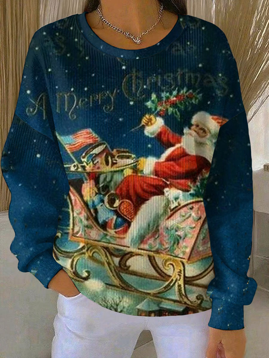 Women's Merry Christmas print Ribbed Round-Neck Sweatshirt