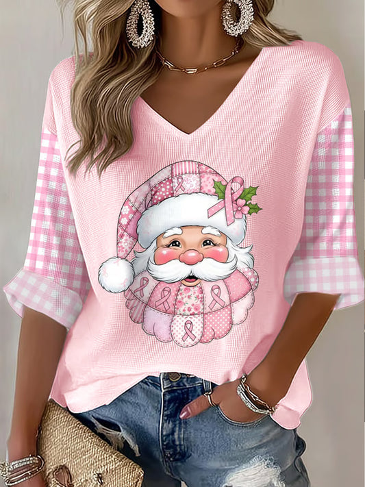 Women's Breast Cancer Awareness Santa Claus Print Waffle T-shirt
