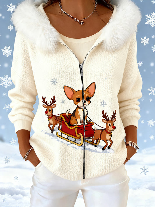 Women's Retro Christmas Animal Art Comfortable Plush Hooded Cardigan