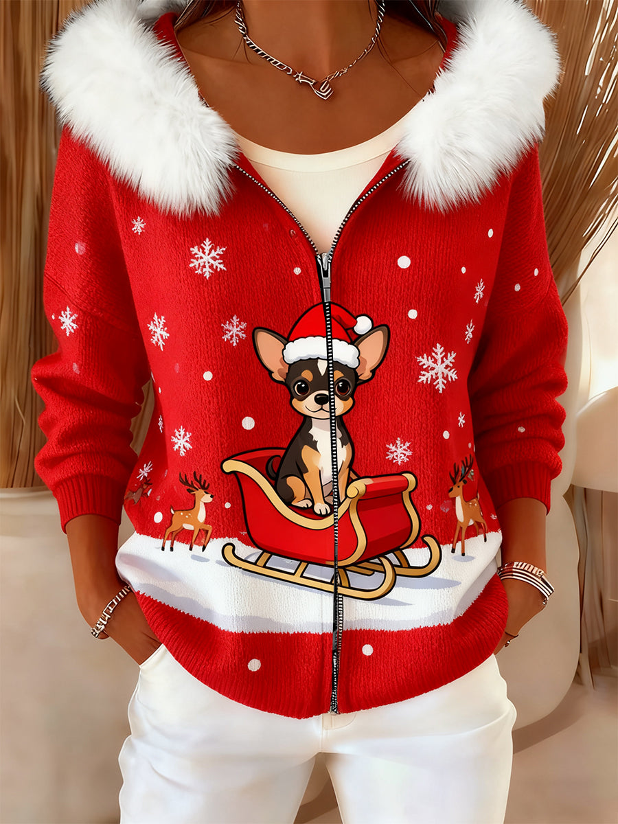 Women's Retro Christmas Animal Art Comfortable Plush Hooded Cardigan