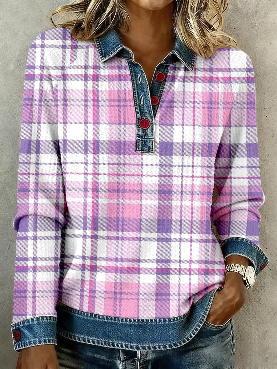 Women's Purple Plaid Print Denim Patchwork Top