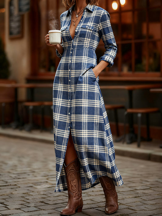 Women's Vintage Plaid Pattern Elegant Maxi Dress