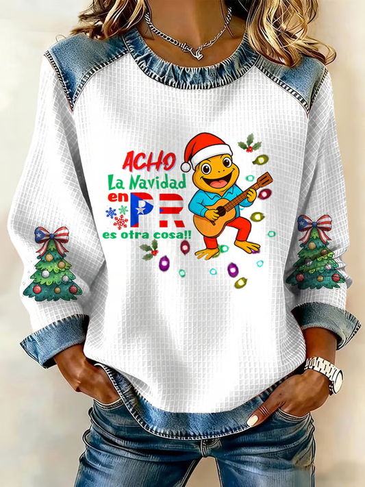 Women's Puerto Rico Christmas Printed Denim Patchwork Top