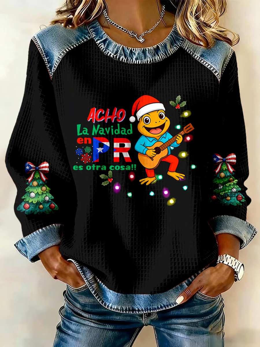 Women's Puerto Rico Christmas Printed Denim Patchwork Top