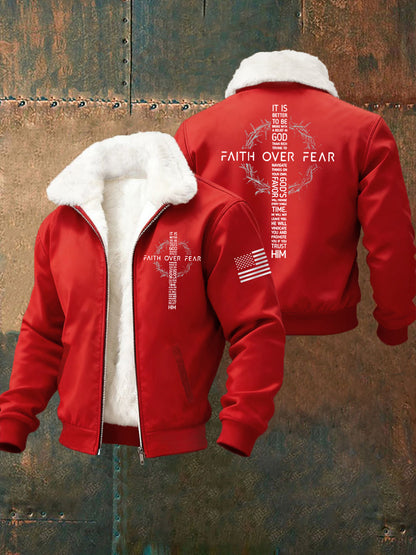 Men's Faith Over Fear Print Casual Plush Zipper Jacket