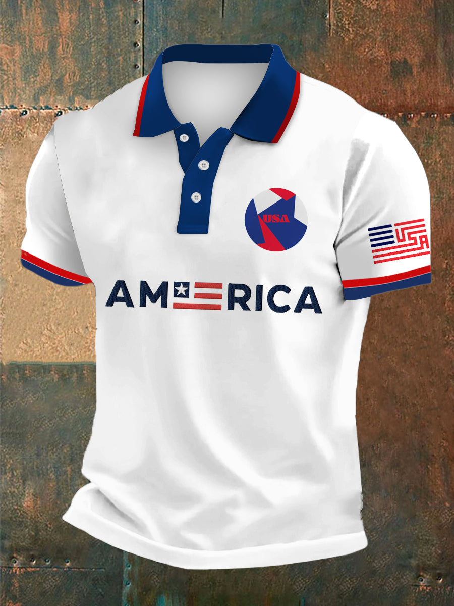 Men's US Print Polo Collar Casual Short Sleeved Shirt