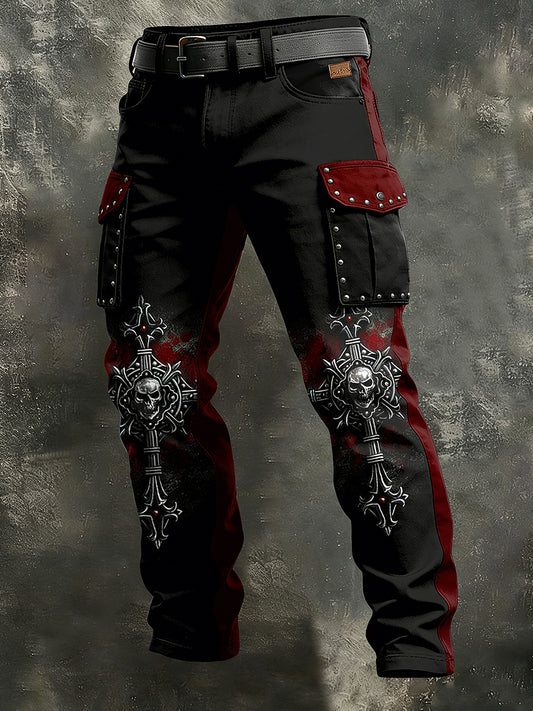 Men's Retro Vacation Business Punk Cross Skull Art Print Casual Workwear Trousers