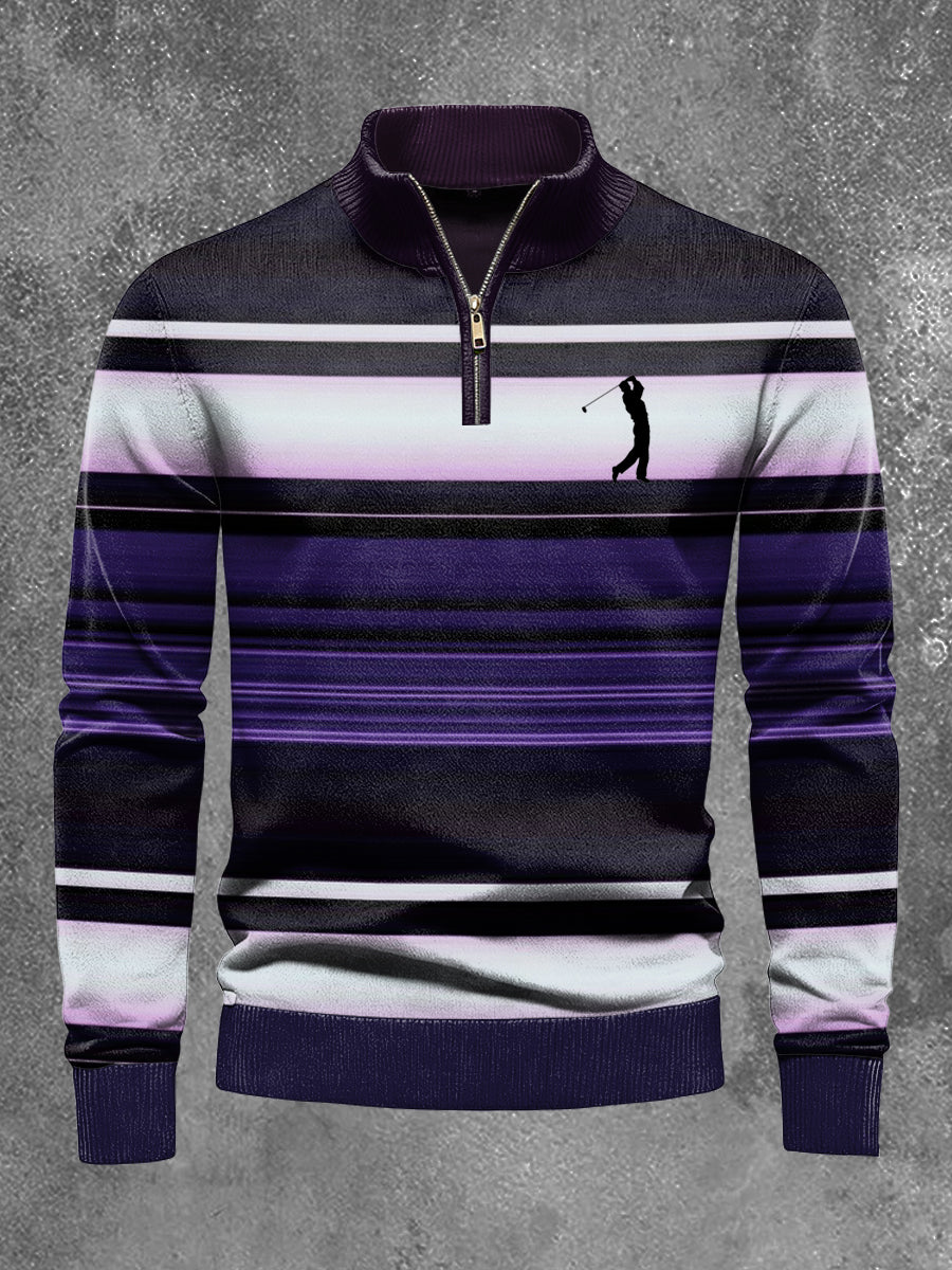 Men's Business Old Money Stripes  Print Half Zipper Long Sleeve Knitted Top
