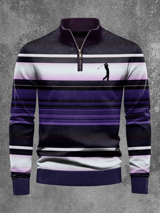 Men's Business Old Money Stripes  Print Half Zipper Long Sleeve Knitted Top