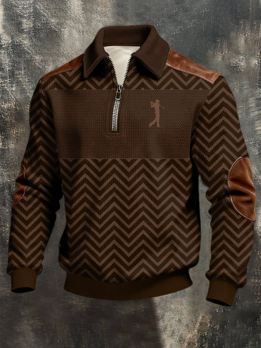 Men's Business Style Printed Half Zipper Lapel Long Sleeved Sweatshirt