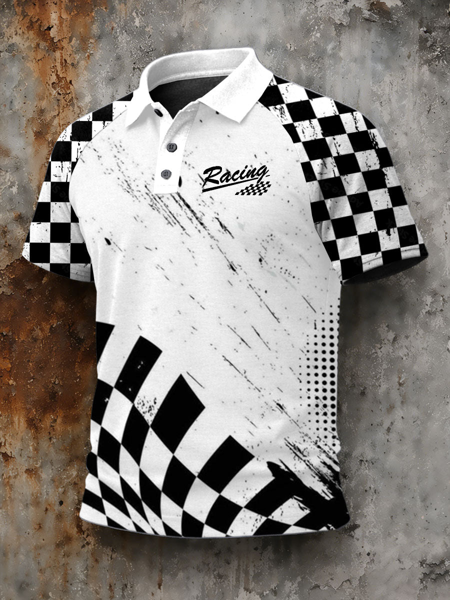 Men's Vintage Racing Style Printed Casual Polo Shirt