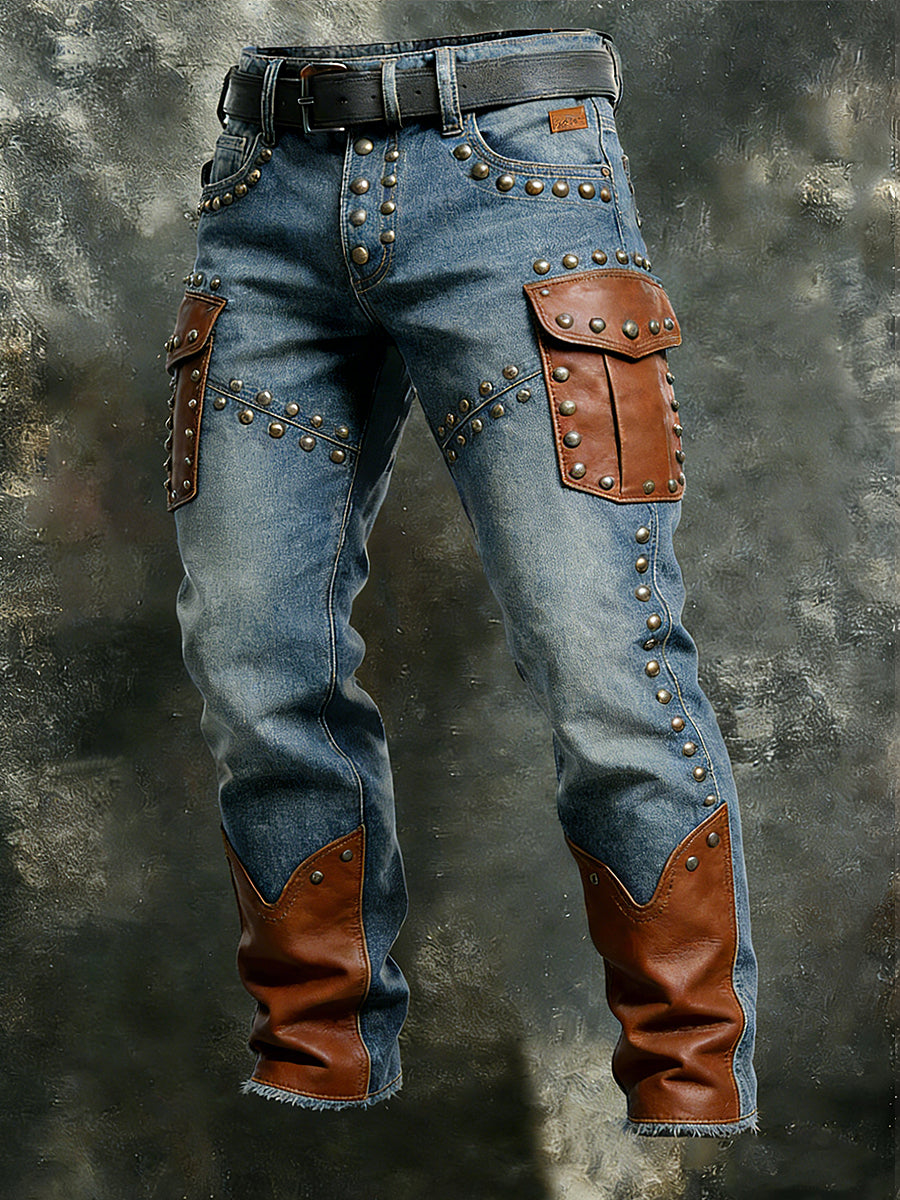 Men's Retro Vacation Business Western Rivets Art Print Casual Workwear Trousers