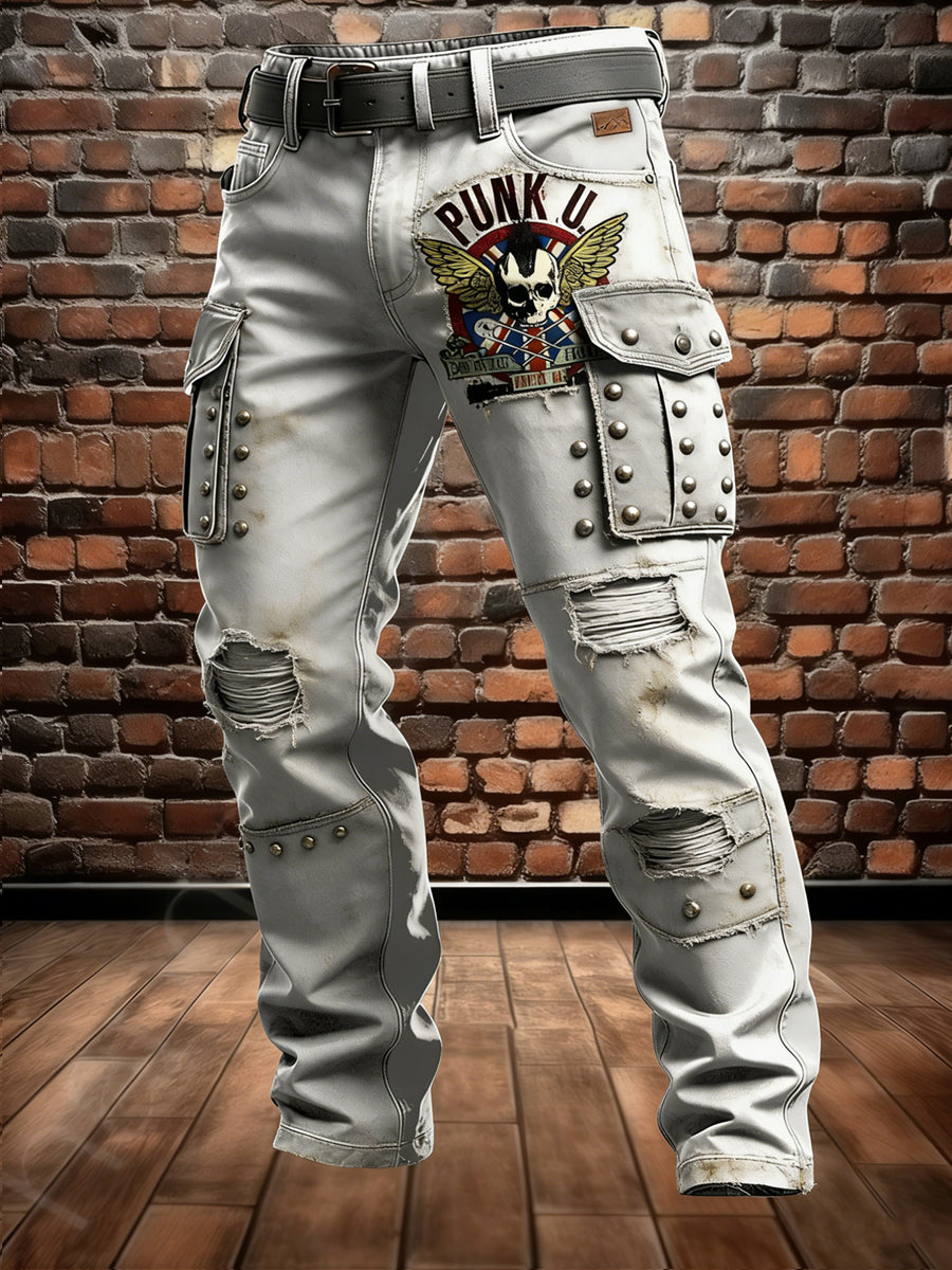 Men's Retro Vacation Business Punk Art Print Casual Workwear Trousers